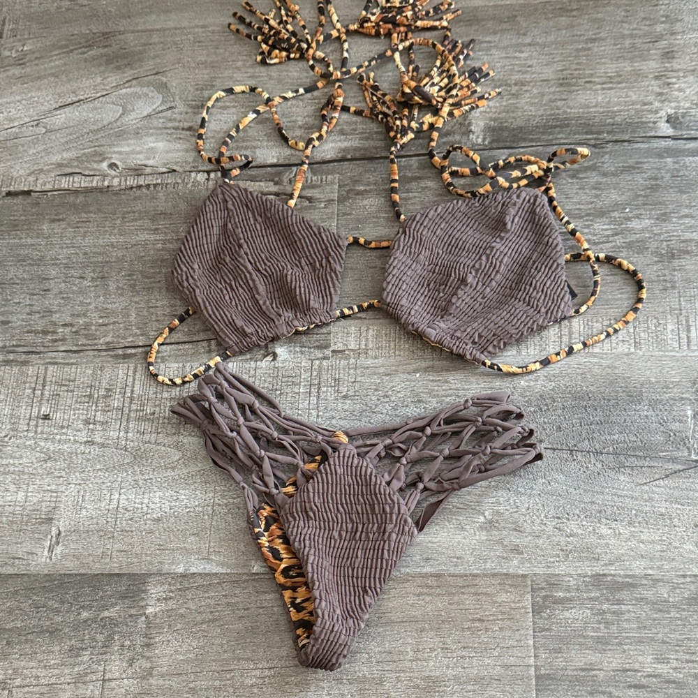 Indah Brown Textured Bikini with Leopard Accents